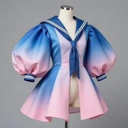 ball shaped accordion sleeve haute couture, sailor uniform, coat, synthetic curves striking pose, dynamic folds, volume flutter, youthful, modeled by modern designer bust, award fashion, picton blue, petal pink gradient scheme, holographic tones, expert composition, professional retouch