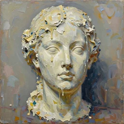painting of a gigantic three - dimensional thick impasto oil painting / sculpture in the shape of an woman's hollow head, lots of thick encrusted paint, wet paint is oozing down over the face like wax on a candle, lots and lots of wax, painted by signac and frank auerbach, background thick encrusted paint, limited palette