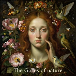 A beautiful detailed existential horror portrait painting 'The Godes of nature' by Giuseppe Arcimboldo, flowers bees and birds everywhere, Trending on cgsociety artstation, 8k, masterpiece, in the style of DiscoDiffusion.