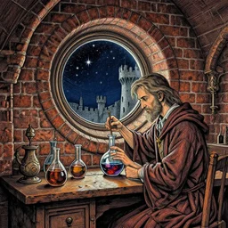 ancient brickwall in a castle, round window looking out to the stars wizards mixing potions in his laboratory, high details, intricately detailed, by vincent di fate, inking, 3 color screen print, masterpiece, trending on artstation,, sharp, details, hyper - detailed, hd, 4 k, 8 k