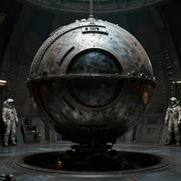 movie film still of a grimy metal sphere with concentric rings in a round room with spiked walls, dark, science fiction, spaceship, spacesuit, highly detailed, 4 k, by david fincher