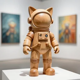 8 k octan advertising detailed photo, beautiful a totally wooden sculpture collectible wooden art toys on feet astronaut zen with cat ears cyberpunk, a contemporary art gallery sharp focus, masterpiece nofinito