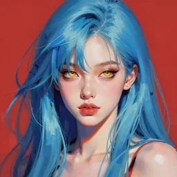 a girl with long sky blue hair, gold eyes, amber eyes, boyish face, professional digital painting, wild brush strokes, concept art, award - winning photography, cinematic, wlop, color block, pop, hip, art by andy warhol, pixiv art, yoshitaka amano