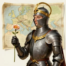 hyperdetailed matte illustration of a knight wearing an ornate gold headpiece and holding a flower with a map of the collective subconscious in the background by rene magritte