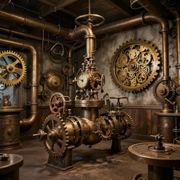 steampunk room, valves, clockwork, cogs, industrial piping