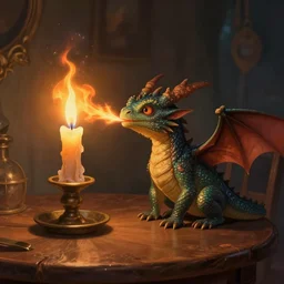 tiny dragon that burns a candle with its breath, a burst of flames comes from his mouth toward the candle, the candle is on a wooden table, on a candle holder, the dragon is placed on the table too, fantasy painting, artstation, Fantasycore, award winning, stunning art, cozy