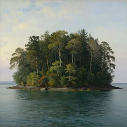 landscape of a forested island in a calm sea, well lit, detailed, cinematic lighting, pre - raphaelite, oil painting