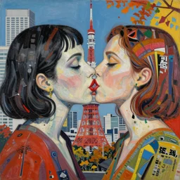beautiful painting of two bizarre psychedelic women kissing each other closeup in tokyo in autumn, speculative evolution, mixed media collage by basquiat and junji ito, magazine collage art, paper collage art, sapphic art, lesbian art
