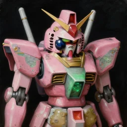 a baroque neoclassicist renaissance close - up portrait of a pink and green whimsical 1 8 0 0 s japanese mecha gundam with googly eyes. reflective detailed geode textures. gloomy black background. highly detailed fantasy science fiction painting by moebius, norman rockwell, frank frazetta, and syd mead. rich colors, high contrast. artstation