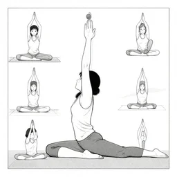a still frame illustration, yoga pose instruction manual illustrations schematic, new yorker illustration, vector graphics, lineart, manga, tadanori yokoo, simplified, high details, ink, roy lichtenstein, american comics, flat graphics, fine details, studio ghibli, greyscale
