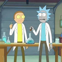 walter white and jesse pinkman standing in garage doing science, breaking bad show, film still, rick and morty style, cartoon by adult swim