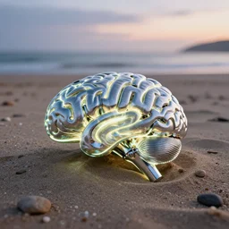 glowing brain made of steel lying on beach,