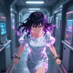 Digital anime art by WLOP and Mobius, The hallway of a science complex, escaping test subject, a girl with dangerous psychic glow, wearing hospital gown, chains on wrists, angry expression, highly detailed, intriguing lighting