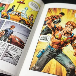 Halo comic book, two pages, sharp focus, photograph of comic book, vibrant colours
