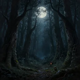 a hyper realistic digital painting of a haunted forest, full of details, intricate, night time, volumetric light, full moon, moonglow, dark fantasy, horror, in the style of greg rutkowski