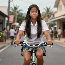 a beautiful fijian college female with straight shiny dark hair is riding a bicycle through her quaint island town, digital illustration, art by artgerm, trending on artstation, symmetrical facial features, intricate, elegant, amazing detail, concept art, sharp focus, cinematic lighting