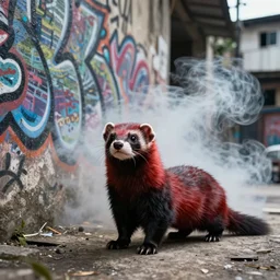 photo ( far _ shot ), subject [ furry _ fandom _ fursona ( red - black, weasel - ferret - stoat ) ], background ( smoke, concrete ), medium [ graffiti ( spray _ paint ) ], location ( favela _ wall )