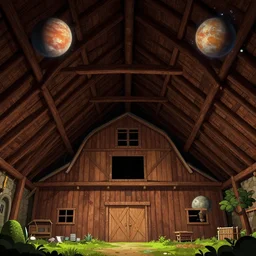 inside a farm barn, view from low down and looking straight up at the roof, on a remote planet, from a space themed point and click 2 d graphic adventure game, detailed, set design inspired slightly by hg giger, art inspired by thomas kinkade