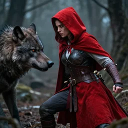 red riding hood female warrior fending off a werewolf, highly detailed, dramatic lighting, cinematic, 4k