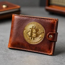 fancy leather bitcoin wallet, photo-realistic, depth of field