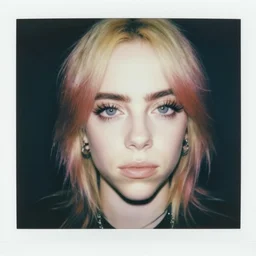 billie eilish, queen of eyelashes, extremely long eyelashes, old polaroid film photo, ultrarealistic, talented, perfect anatomy