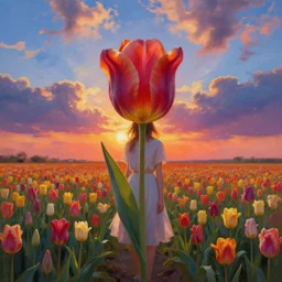 dutch girl with singular giant tulip as a head, surreal photography, flower field, sunset dramatic light, impressionist painting, colorful clouds, blue sky, digital painting, artstation, simon stalenhag