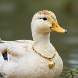 a duck, the duck is wearing a gold necklace