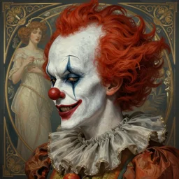a beautiful side portrait of an evil clown, intricate, sharp focus, illustration, highly detailed, digital painting, concept art, matte, art by wlop and artgerm and greg rutkowski and alphonse mucha, masterpiece