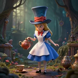 alice in wonderland tea with mad hat 3 d, mistic atmosphere, scarry, octane render, intricate, hyper detailed, morning light, well rendered
