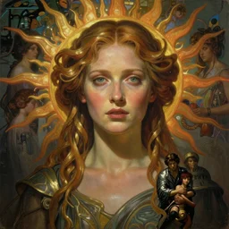 stunning, breathtaking, awe-inspiring award-winning concept art nouveau painting of attractive Tilda Swinton as the goddess of the sun, with anxious, piercing eyes, by Alphonse Mucha, Michael Whelan, William Adolphe Bouguereau, John Williams Waterhouse, and Donato Giancola, cyberpunk, extremely moody lighting, brilliant use of light and shadow, atmospheric, cinematic, 8K