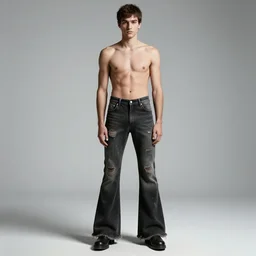 an award - winning photo of an ancient male model wearing a plain boot cut flared distressed medieval designer menswear trousers designed by alexander mcqueen, 4 k, studio lighting, wide angle lens, 2 0 0 4