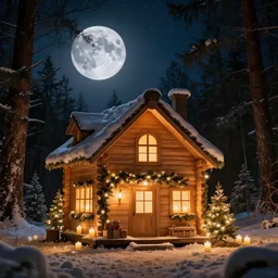 a beautiful candle lit christmas decorated wooden house standing in a beautiful forest on the moon, photorealistic