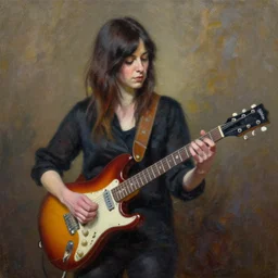 Anna Calvi playing electric guitar, oil painting by Gerald Brom, masterpiece