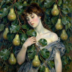 vintage beautiful painting of a woman getting suffocated by pear dark green vines in Mary Cassatt style