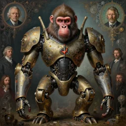highly detailed painting of a robotic humanoid baboon mecha, painting by gaston bussiere, craig mullins, j. c. leyendecker, lights, art by ernst haeckel, john william godward, hammershøi, alex grey, dmt, symmetric, masterpiece details, hyper - detailed, hd, hdr, 4 k, 8 k