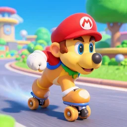 a dog roller skating in the video game, super mario bros 6 4