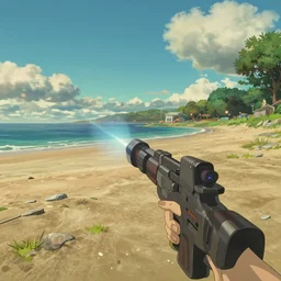 semi realistic first person studio ghibli shooter game trailer on a shining beach, cinematic lighting, ray tracing, unreal engine 5, photorealistic