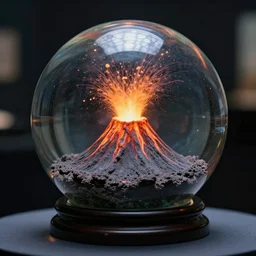 A glass sphere on display with an erupting volcano inside.
