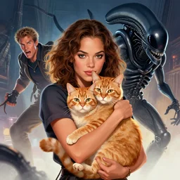 a upper half body portrait of a young kaukasian sigourney weaver holding an orange cat!! a scene with ripley from the movie alien!! digital illustration portrait design by, mark brooks and brad kunkle detailed, gorgeous lighting, wide angle action dynamic portrait