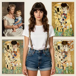 a woman with air bangs haircut in shorts with suspenders and white t-shirt drawn by gustave caillebotte, norman rockwell, hajime sorayama, peter paul rubens, alphonse mucha, gustav klimt 4k, unreal 5, DAZ, french noveau, trending on artstation, octane render, hyperrealistic