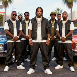 full - body action shot of a gangsta rap group n. w. a. in gangsta outfits, posing like gangstas, expensive clothes, stern faces, symmetrical features, fancy cars, compton, l. a., gold and diamond jewelry, urban, afrofuturism in the style of boondocks, highly - detailed, octane render, unreal 5, realism,
