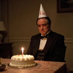 marlon brando as the godfather sitting alone in a room while wearing a pointy birthday hat and there is a birthday cake with a single candle lit on the table in front of him and he is looking sad and lonely, low light, candle light, photorealistic, set photo