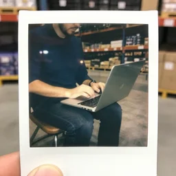 a close up man using a laptop inside in warehouse, he sitting on chair and small table, polaroid photo