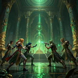 fantasy sci fi characters fight in ancient temple, dark vibrant colors, action scene, 8 k, lumen reflections, sharpened, insanely detailed and intricate, hypermaximalist, elegant, ornate, hyper realistic, super detailed, digital art, green
