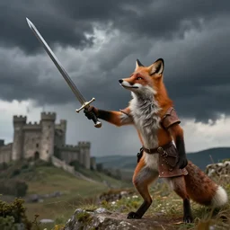 anthropomorphic fox!! who is a medieval knight holding a sword towards a stormy thundercloud 1 9 3 0 s film still, castle in the background