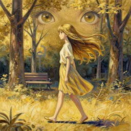 recursive image with a girl walking through a park, large eyes, her long hair flowing, surreal, oil pastels and gold, in the style of katsuhiro otomo, modeled in poser, redshift render, uhd