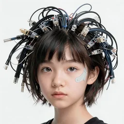 beautiful pure evil teenager lain, cute but erratic haircut, with hundreds of network cables, neatly coming out of her head, a part of her face panel is showing, she is in pure bliss, chaos, bizarre, strange, portrait, painting, soft and intricate, fine lines, face is breaking like a porcelain doll, insanity by artgerm,
