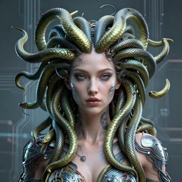 portrait medusa, goddess, science fiction, organic, snakes, stunning beautiful, computer render, 8 k, post processed, ultra detailed, 3 d, future tech, global illumination, award winning, wires and circuits