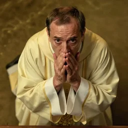 A terrified catholic priest kneeled in passionate prayer. Eyes are wide open with fear. Ominous dramatic yellow lighting. Close-up shot from above, 4K photograph, 85mm sigma