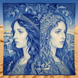 most beautiful silk brethren, azure milieu of desert of reality, unhinged logos in the style of william blake, terese nielsen, detailed, intricate, beautiful faces, extremely detailed and aesthetic, steve argyle, pastoral fantastic reality
